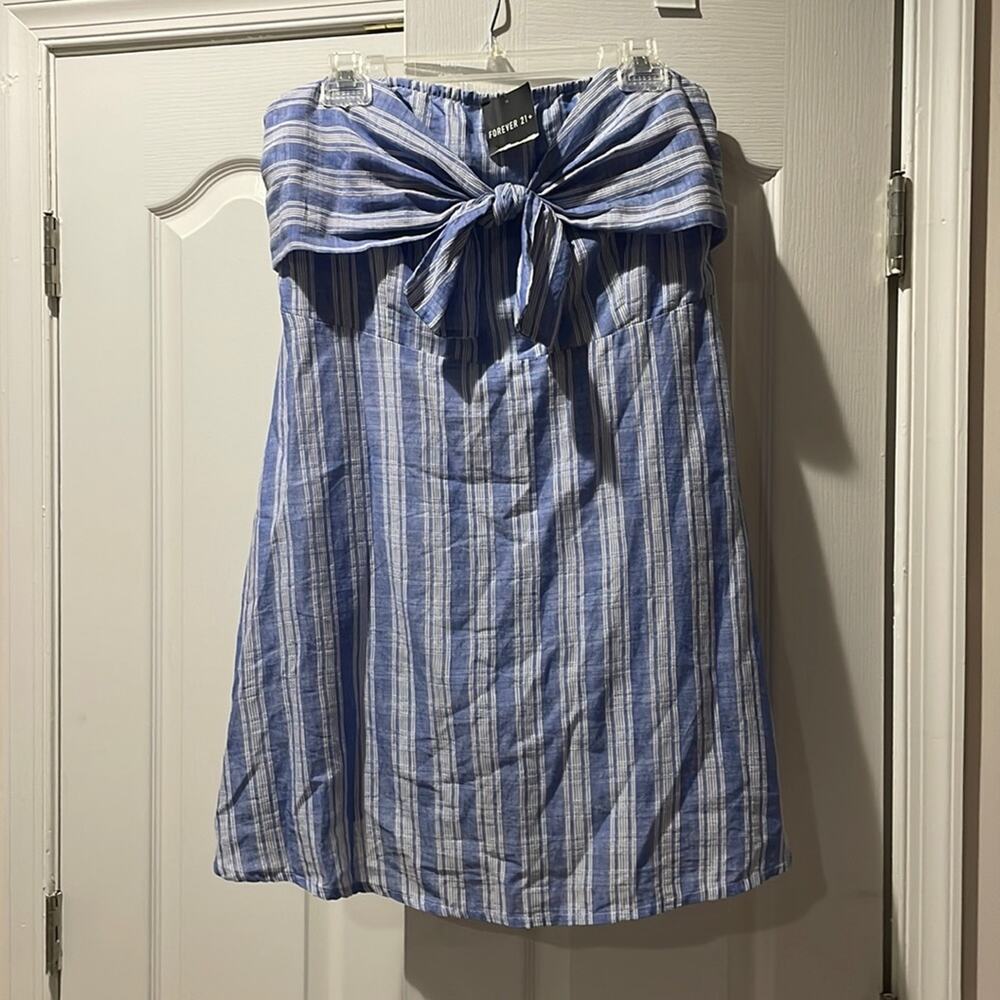 Forever 21 1x blue white stripe check strapless bow tie front lined dress nwt